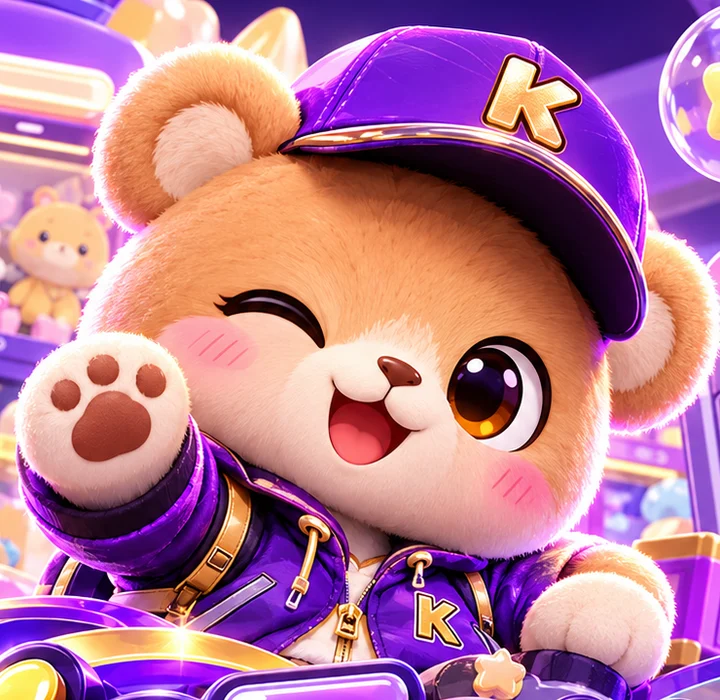 Close-up of Kozo, the smiling teddy-bear mascot, winking and waving in a purple cap and jacket