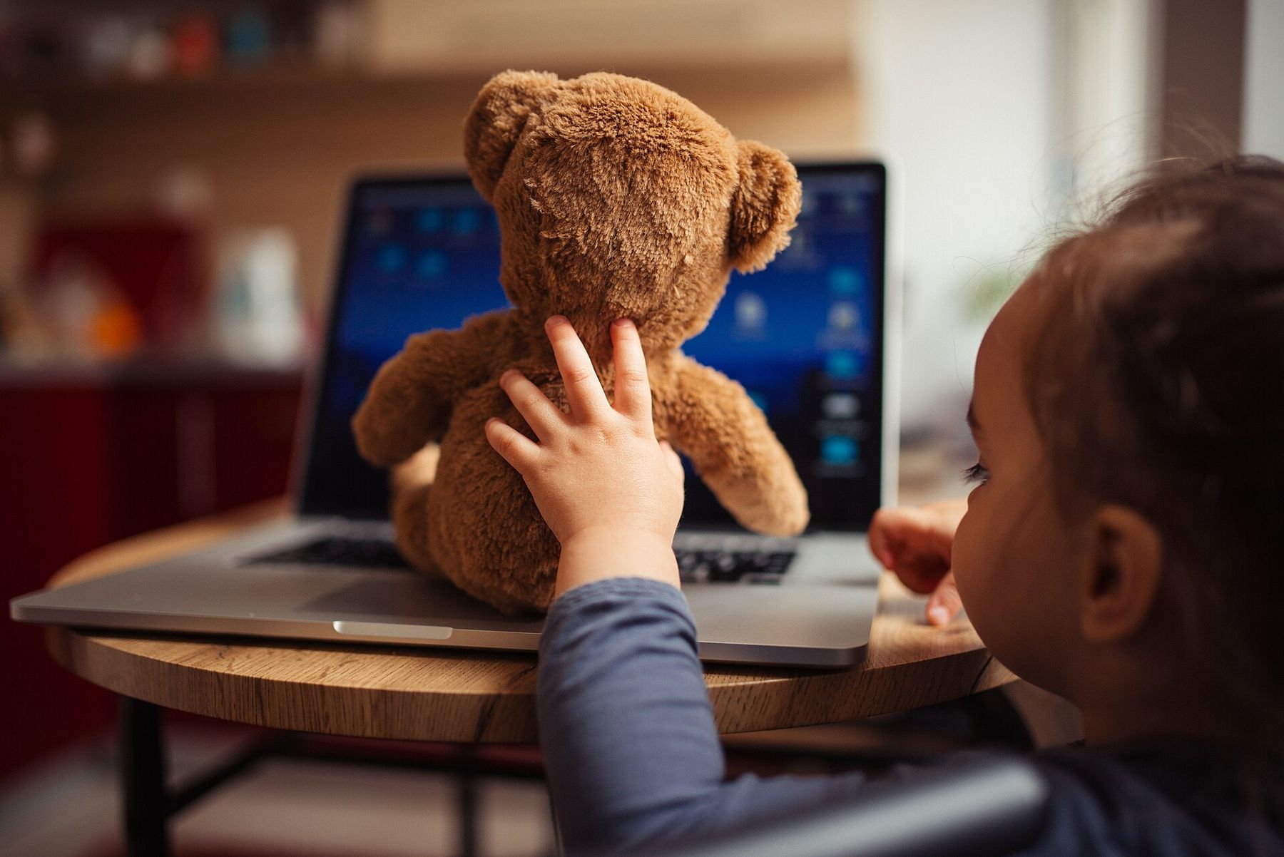 A child and a teddy bear sitting at a laptop together
